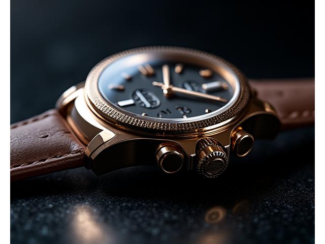 Close-up of a luxury watch on a dark, reflective surface, showcasing intricate details and exquisite craftsmanship