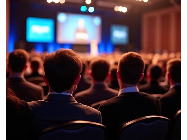 Engaged audience listening to a speaker at a professional business conference, capturing the event atmosphere