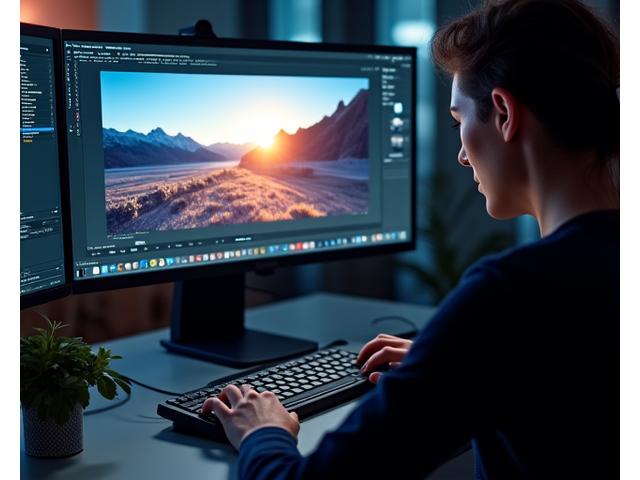 Photographer editing images on a computer with professional software